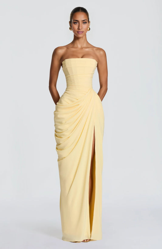 Elegant Sheath Strapless Sleeveless Draped Daffodil Floor-Length Prom Dress with Slit