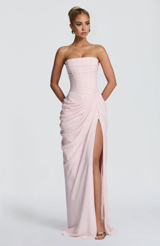 Elegant Sheath Strapless Sleeveless Draped Slit Satin Blushing Pink Floor-Length Prom Dress