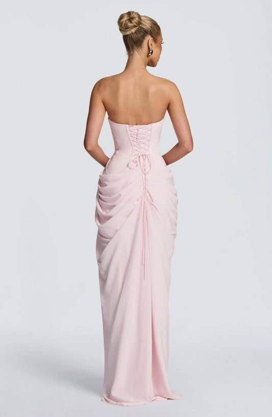 Elegant Sheath Strapless Sleeveless Draped Slit Satin Blushing Pink Floor-Length Prom Dress