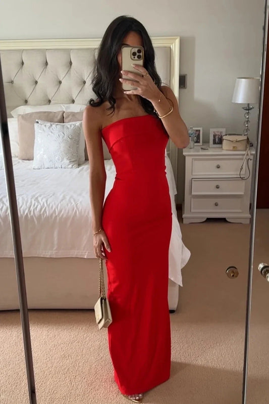 Elegant Sheath Strapless Sleeveless Fitted Satin Red Floor-Length Evening Dress