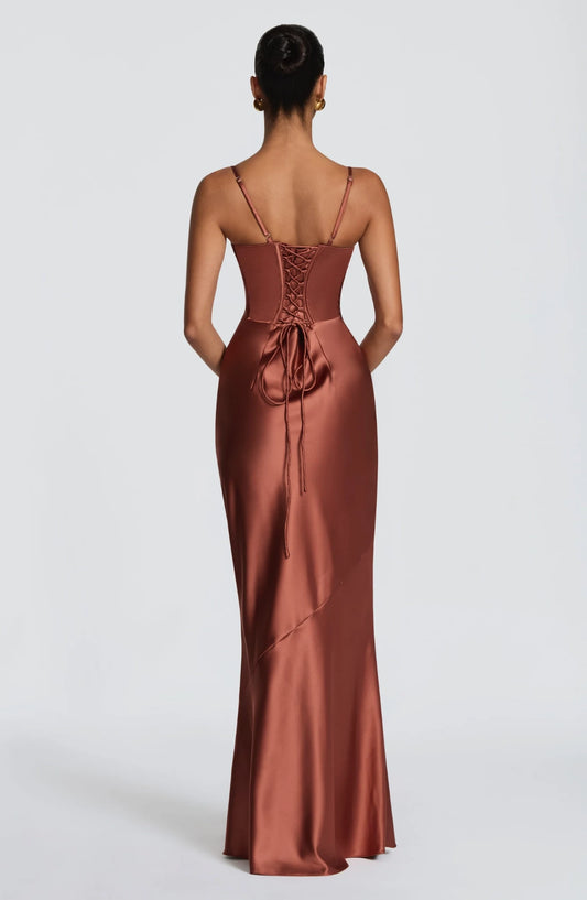 Elegant Sheath Sweetheart Sleeveless Corset Back Satin Rust Floor-Length Prom Dress