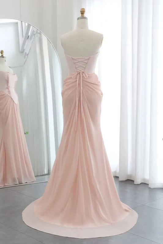 Elegant Sheath Sweetheart Sleeveless Corset Bodice Draped Chiffon Blushing Pink Floor-Length Prom Dress