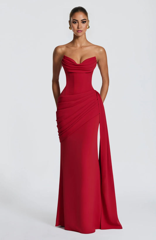 Elegant Sheath Sweetheart Sleeveless Draped Satin Red Floor-Length Prom Dress