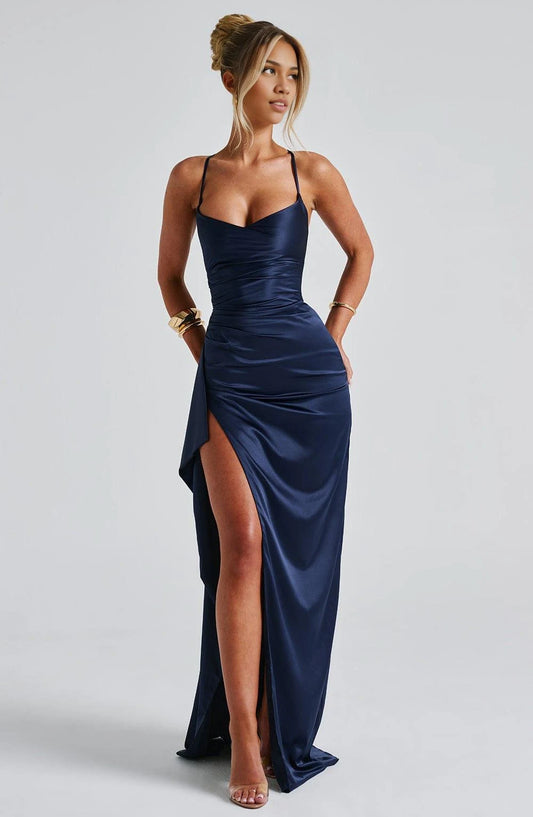 Elegant Sheath Sweetheart Sleeveless High Slit Draped Satin Navy Blue Floor-Length Prom Dress