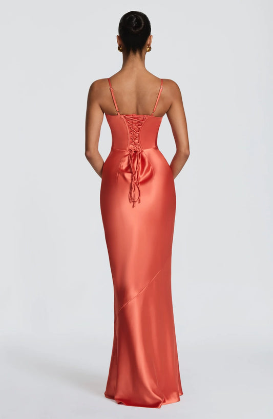 Elegant Sheath Sweetheart Sleeveless Lace-Up Back Satin Coral Floor-Length Prom Dress