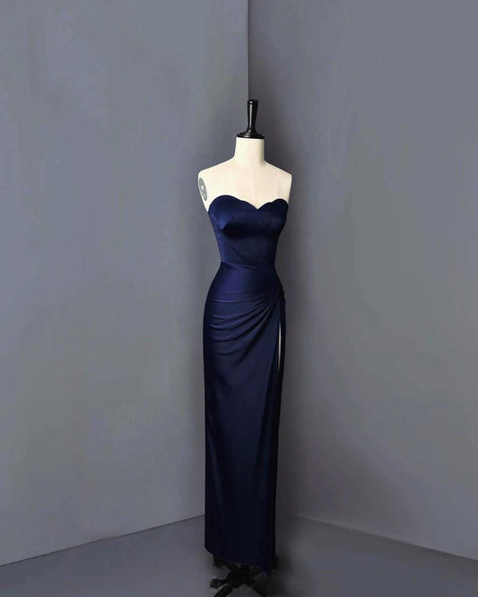 Elegant Sheath Sweetheart Sleeveless Ruched Slit Satin Navy Blue Floor-Length Prom Dress