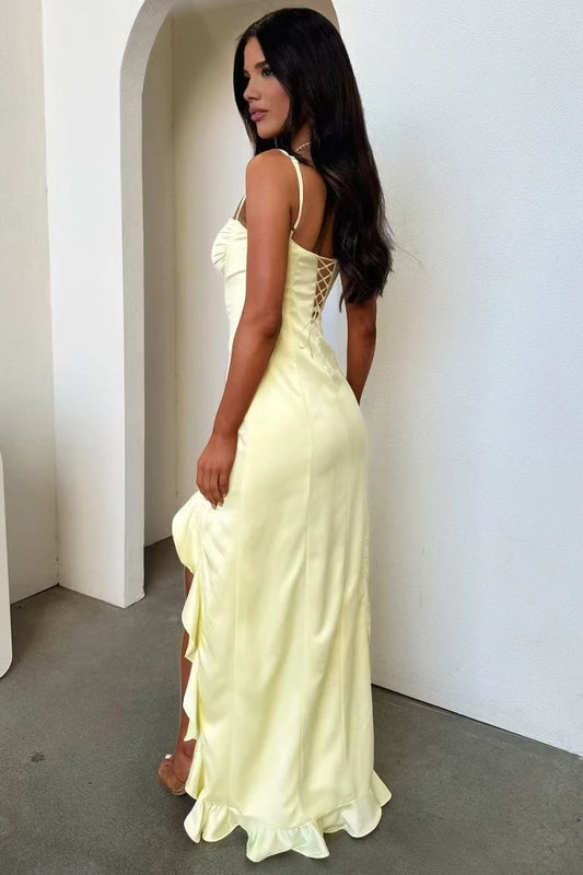 Elegant Sheath Sweetheart Sleeveless Ruffled Slit Satin Lemon Floor-Length Prom Dress