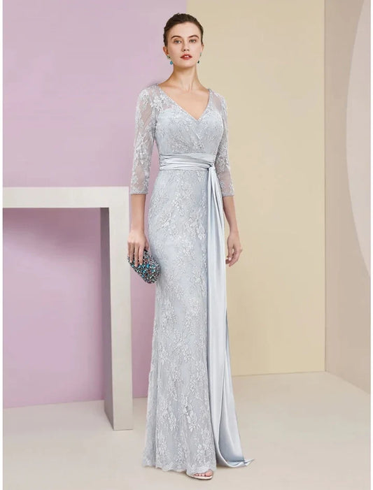 Elegant Sheath V-Neck 3/4 Length Sleeves Lace Overlay Floor-Length Mother of the Bride Dress