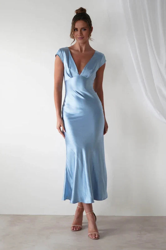 Elegant Sheath V-Neck Cap Sleeves Open Back Satin Sky Blue Ankle-Length Prom Dress