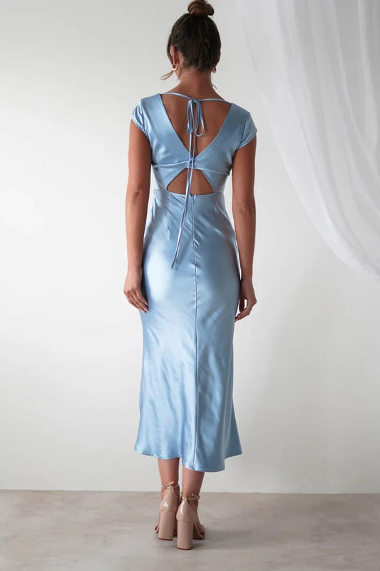 Elegant Sheath V-Neck Cap Sleeves Open Back Satin Sky Blue Ankle-Length Prom Dress