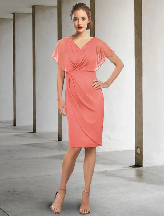 Elegant Sheath V-Neck Short Sleeve Draped Chiffon Knee-Length Mother Of The Bride Dress