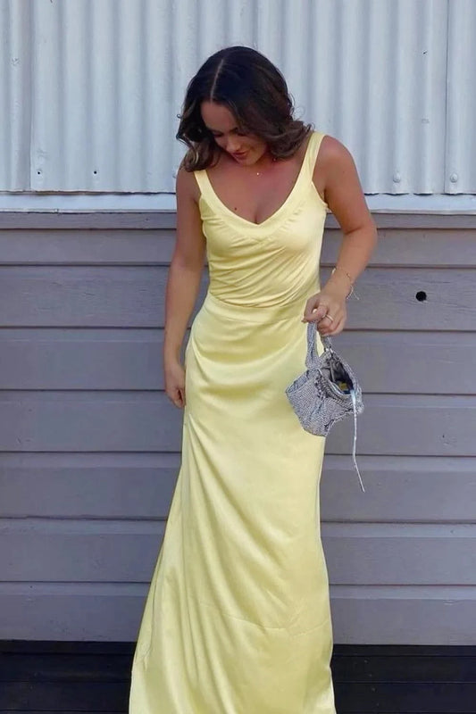 Elegant Sheath V-Neck Sleeveless Criss-Cross Back Satin Daffodil Floor-Length Prom Dress