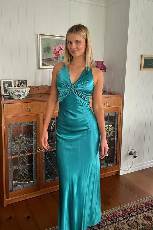 Elegant Sheath V-Neck Sleeveless Ruched Bodice Open Back Satin Turquoise Floor-Length Prom Dress