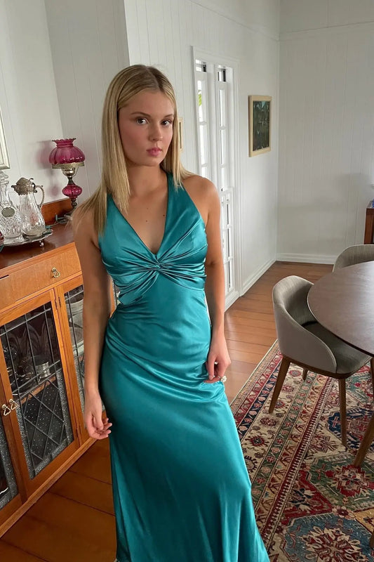 Elegant Sheath V-Neck Sleeveless Ruched Bodice Open Back Satin Turquoise Floor-Length Prom Dress