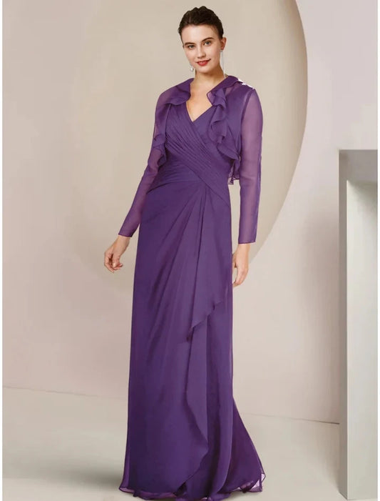 Elegant Sheath V-Neck Sleeveless Ruched Draped Chiffon Floor-Length Mother of the Bride Dress