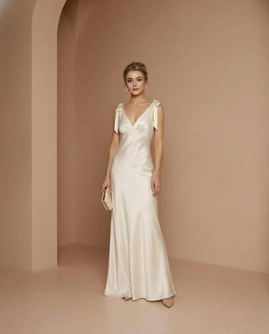 Elegant Sheath V-Neck Sleeveless Tie-Shoulder Satin Ivory Floor-Length Evening Gown