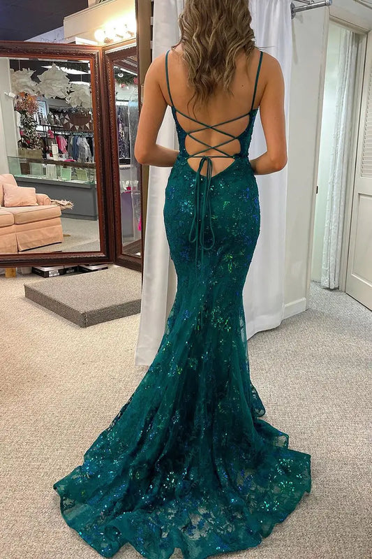 Elegant Sparkly Scoop Sleeveless Sequin Embellished Lace-Up Back Emerald Floor-Length Mermaid Prom Dress