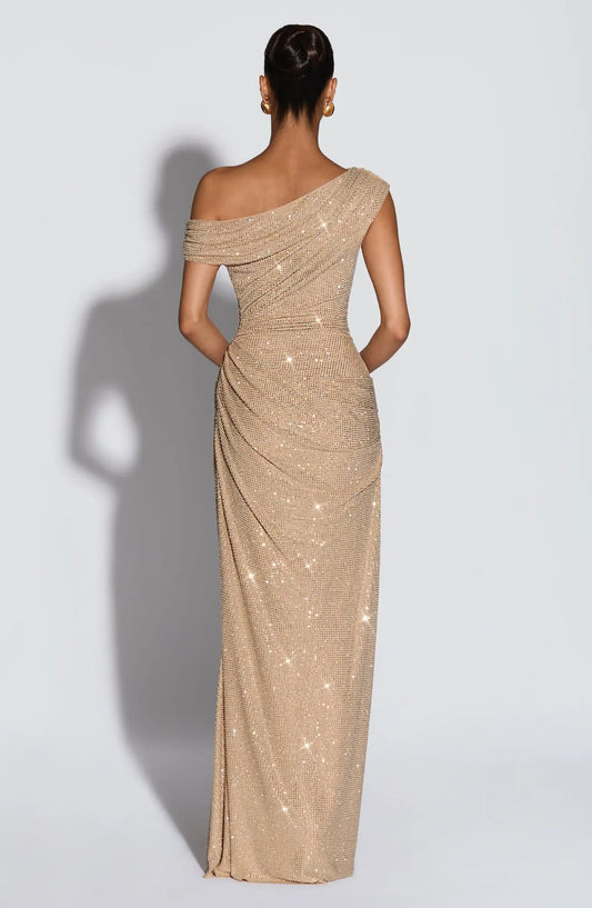 Elegant Sparkly Sheath One-Shoulder Draped Sequin Gold Floor-Length Prom Evening Dress