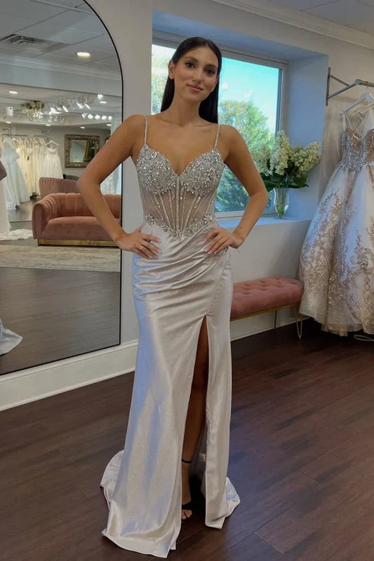 Elegant Sparkly Sweetheart Sleeveless Beaded Silver Floor-Length Prom Dress with Slit