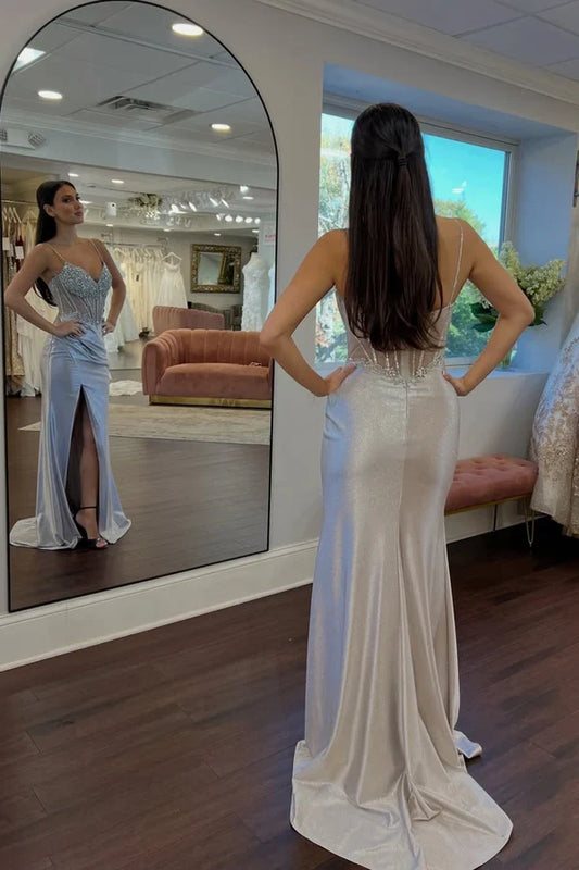 Elegant Sparkly Sweetheart Sleeveless Beaded Silver Floor-Length Prom Dress with Slit