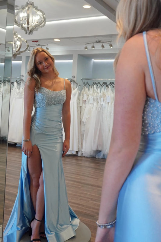 Elegant Sparkly Sweetheart Sleeveless High Slit Beaded Satin Sky Blue Floor-Length Prom Dress