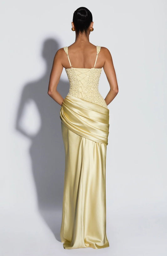 Elegant Square Neck Sleeveless Sequin Bodice Draped Satin Gold Floor-Length Evening Dress