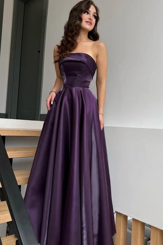 Elegant Purple Strapless A-Line Sleeveless Classic Floor-Length Evening Dress