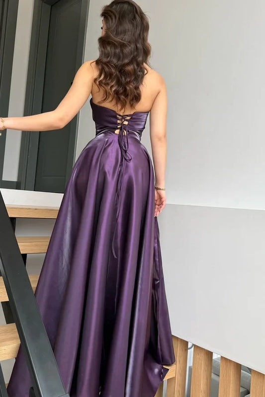 Elegant Purple Strapless A-Line Sleeveless Classic Floor-Length Evening Dress