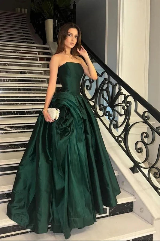 Elegant Strapless A Line Sleeveless Draped Skirt Satin Dark Green Floor-Length Prom Dress