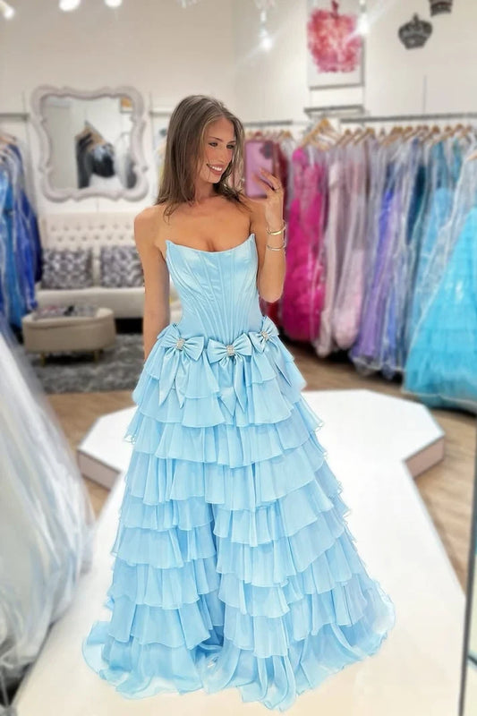 Elegant Strapless A Line Sleeveless Ruffled Tiered Sky Blue Floor-Length Prom Dress With Slit