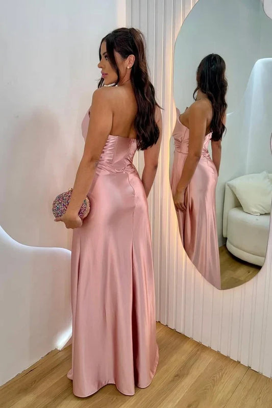 Elegant Strapless Sleeveless Draped Satin Floor-Length Party Dress with Slit