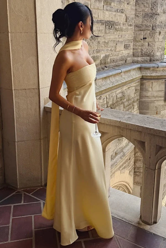 Elegant Strapless Sleeveless Ruched Bodice Scarf Detail Satin Floor-Length Party Dress