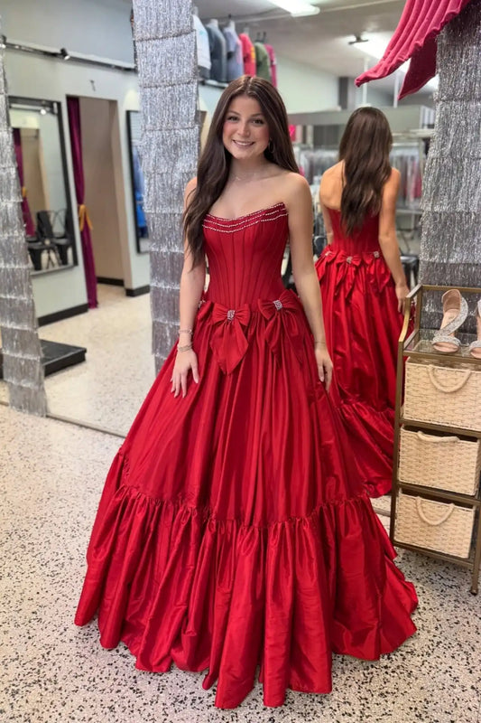 Elegant Sweetheart Sleeveless Beaded Bow Satin Red Floor-Length Ball Gown Prom Dress