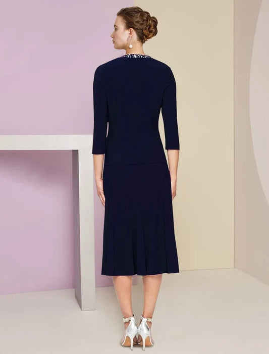 Elegant Two Piece Beaded Neckline Jacket Set Tea-Length Mother of the Bride Dress