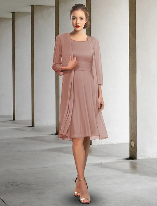 Elegant Two Piece Scoop Half Sleeve Chiffon Knee-Length Mother of the Bride Dress