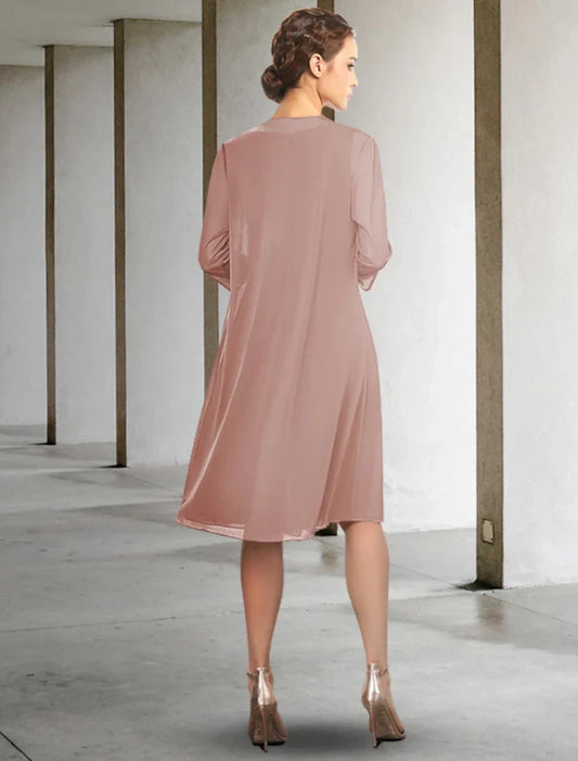 Elegant Two Piece Scoop Half Sleeve Chiffon Knee-Length Mother of the Bride Dress