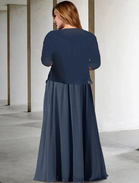 Elegant Two Piece V-Neck Half Sleeve Lace Chiffon Floor-Length Mother of the Bride Dress