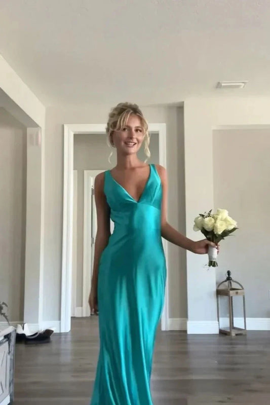 Elegant V-Neck Sleeveless Draped Back Turquoise Satin Mermaid Floor-Length Prom Dress