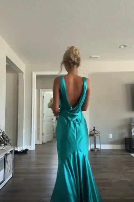 Elegant V-Neck Sleeveless Draped Back Turquoise Satin Mermaid Floor-Length Prom Dress