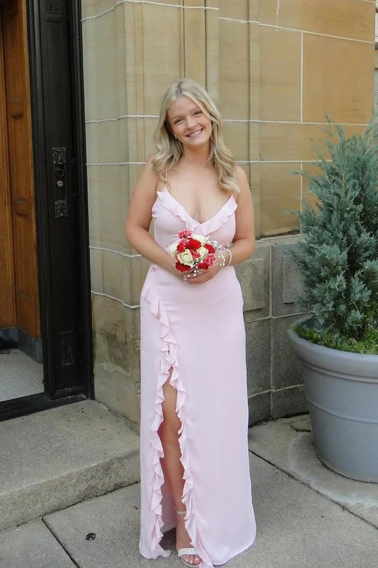 Elegant V-Neck Sleeveless Ruffle Hem Pink Floor-Length Party Dress with Slit