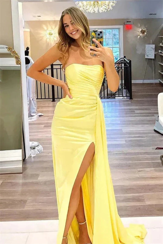 Glamorous Mermaid Strapless Sleeveless Ruched Long Prom Dress with High Slit