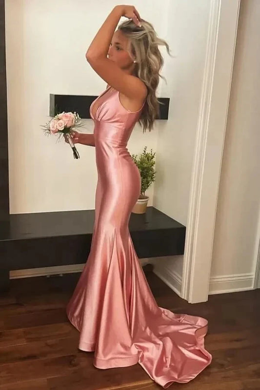 Glamorous Mermaid V-Neck Sleeveless Open Back Satin Train Evening Dress