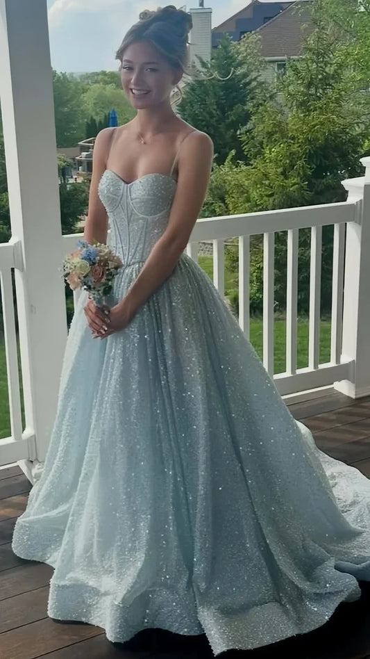 Glitter A-Line Spaghetti Straps Sweetheart Sleeveless Light Blue Floor-Length Prom Dress