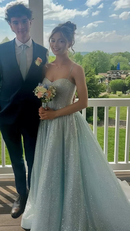 Glitter A-Line Spaghetti Straps Sweetheart Sleeveless Light Blue Floor-Length Prom Dress