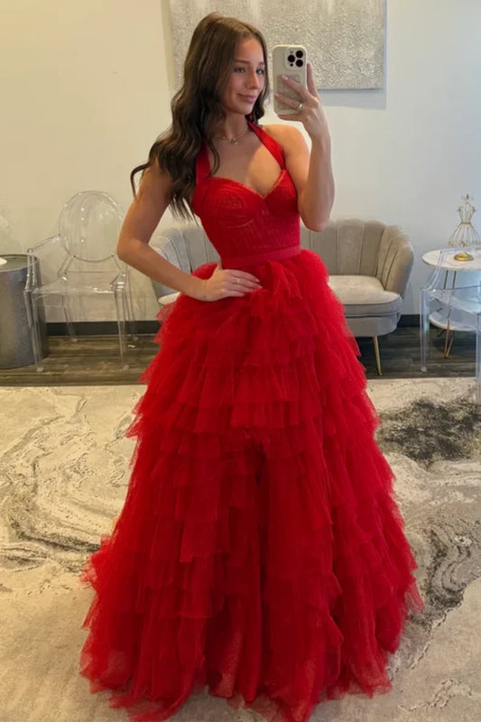 Gorgeous A-Line Halter Sleeveless Tiered Ruffled Tulle Red Floor-Length Prom Dress with Slit