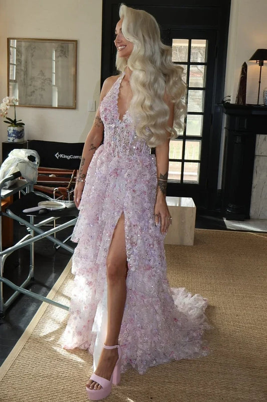 Gorgeous A-Line Halter Sleeveless Tiered Sequin Long Prom Dress with High Slit