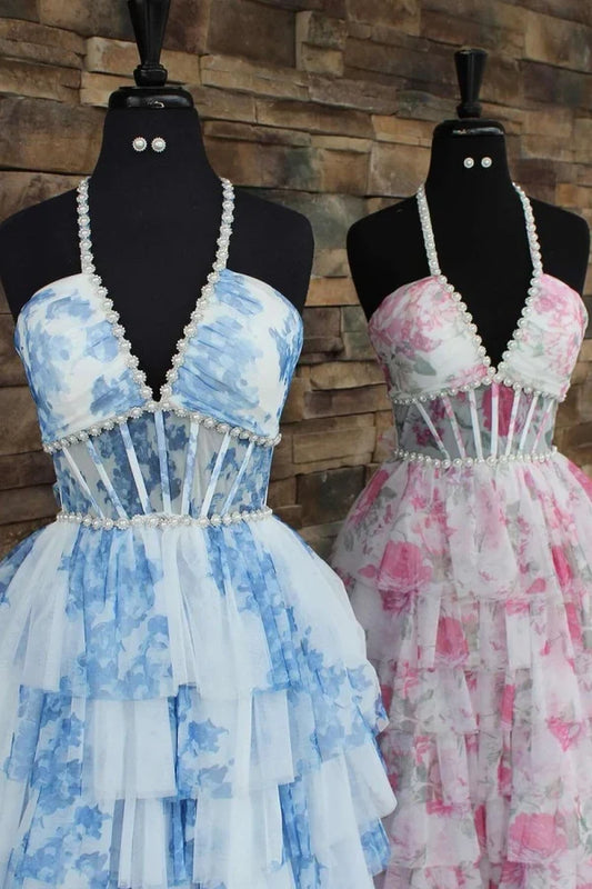 Gorgeous A-Line Halter V-Neck Sleeveless Tiered Ruffle Blue Floor-Length Prom Dress