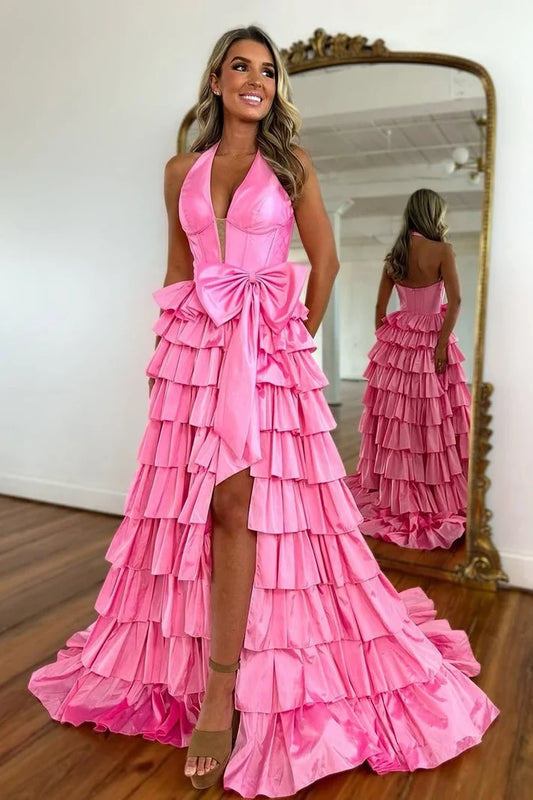 Gorgeous A-Line Halter V-Neck Sleeveless Tiered Ruffle Satin Prom Dress With Slit