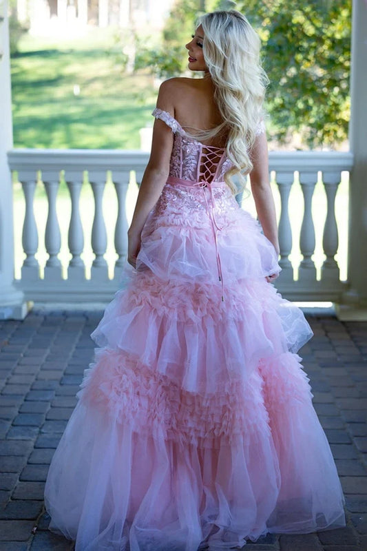 Gorgeous A-Line Off-Shoulder Lace Appliqué Ruffled Tulle Blushing Pink Floor-Length Prom Dress