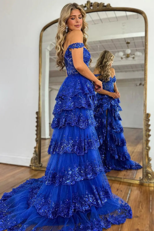 Gorgeous A-Line Off-the-Shoulder Sweetheart Sequin Tulle Tiered Floor-Length Prom Dress